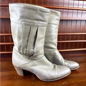 Vintage ACME Dingo Gray Leather Mid-Calf Boots 1980s Pleated Heeled 8 M